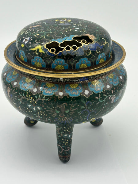 Japanese Cloisonne Censor Incense Burner. Goldstone. Pierced Lid. Meiji.
