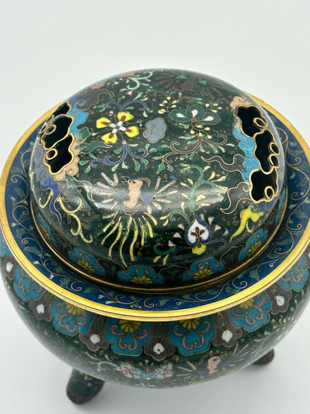 Japanese Cloisonne Censor Incense Burner. Goldstone. Pierced Lid. Meiji.