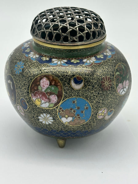 Incense Burner. Japanese Cloisonne with Wire Cover. Black and Gold. Meiji