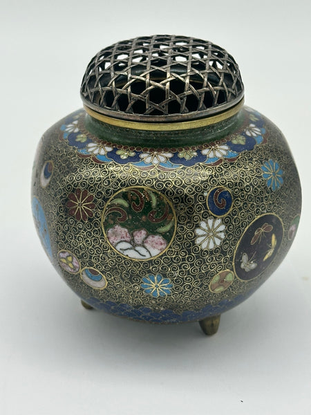 Incense Burner. Japanese Cloisonne with Wire Cover. Black and Gold. Meiji