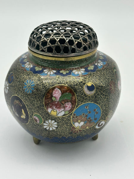 Incense Burner. Japanese Cloisonne with Wire Cover. Black and Gold. Meiji