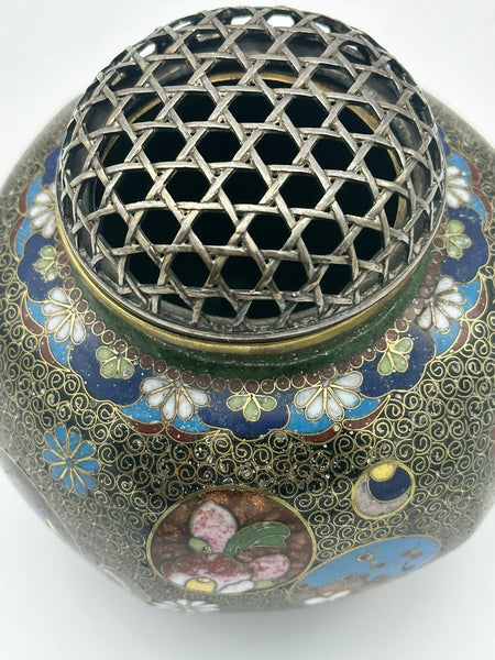 Incense Burner. Japanese Cloisonne with Wire Cover. Black and Gold. Meiji