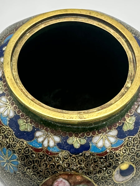 Incense Burner. Japanese Cloisonne with Wire Cover. Black and Gold. Meiji