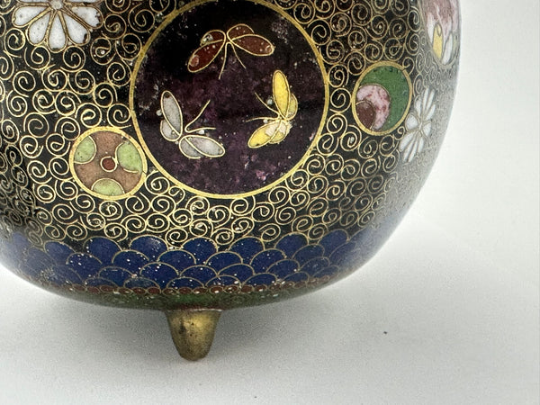 Incense Burner. Japanese Cloisonne with Wire Cover. Black and Gold. Meiji