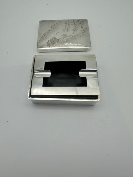 Japanese Smoking Set Jungin Pure Silver and Ebonized Wood. Meiji. Fitted Box.