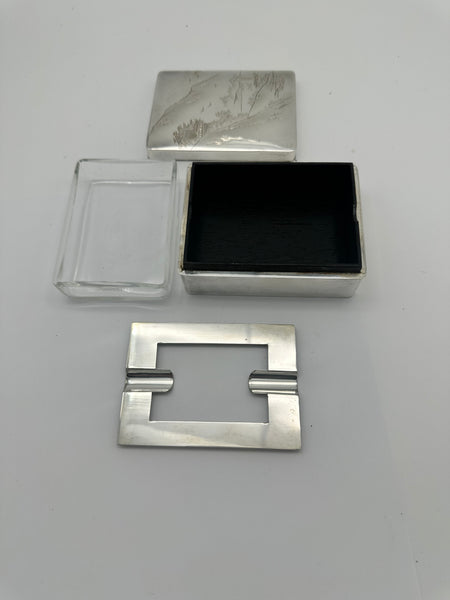 Japanese Smoking Set Jungin Pure Silver and Ebonized Wood. Meiji. Fitted Box.