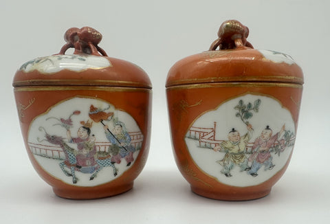 Pair of Small Covered Jars. Chinese Porcelain Coral Ground Children Playing Qing