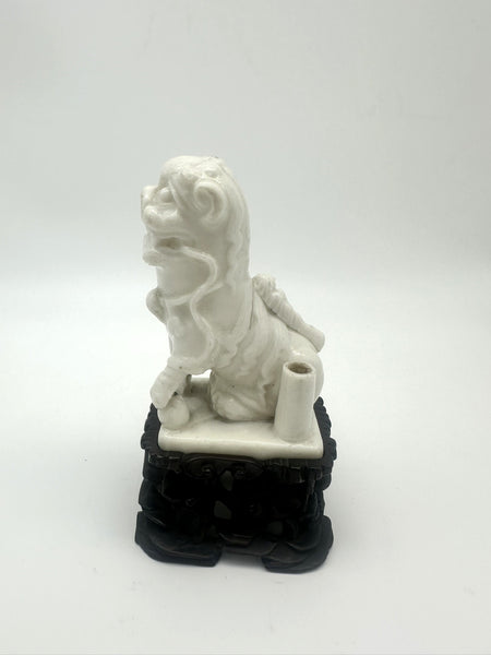 Chinese Porcelain Dehua Blanc de Chine Foo Dog Incense Holder. Wood Stand. 5" H