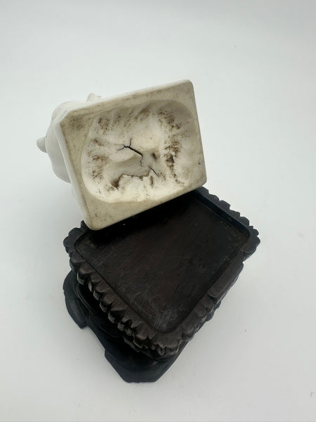 Chinese Porcelain Dehua Blanc de Chine Foo Dog Incense Holder. Wood Stand. 5" H