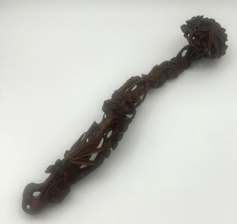 Chinese Ruyi Scepter. Carved Wood. Bamboo Leaves, Flowers, Pine Needles. Qing