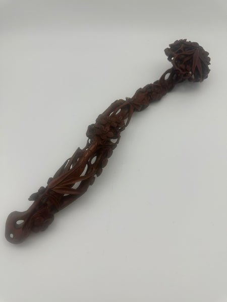Chinese Ruyi Scepter. Carved Wood. Bamboo Leaves, Flowers, Pine Needles. Qing