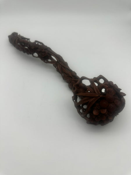 Chinese Ruyi Scepter. Carved Wood. Bamboo Leaves, Flowers, Pine Needles. Qing