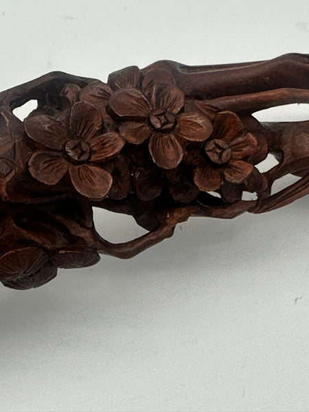 Chinese Ruyi Scepter. Carved Wood. Bamboo Leaves, Flowers, Pine Needles. Qing