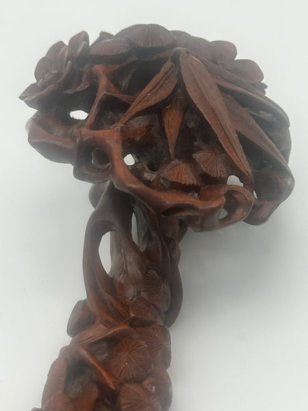 Chinese Ruyi Scepter. Carved Wood. Bamboo Leaves, Flowers, Pine Needles. Qing