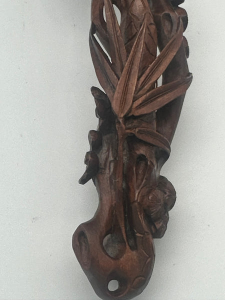 Chinese Ruyi Scepter. Carved Wood. Bamboo Leaves, Flowers, Pine Needles. Qing