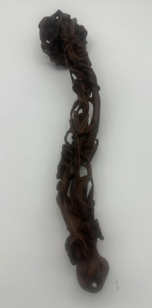 Chinese Ruyi Scepter. Carved Wood. Bamboo Leaves, Flowers, Pine Needles. Qing