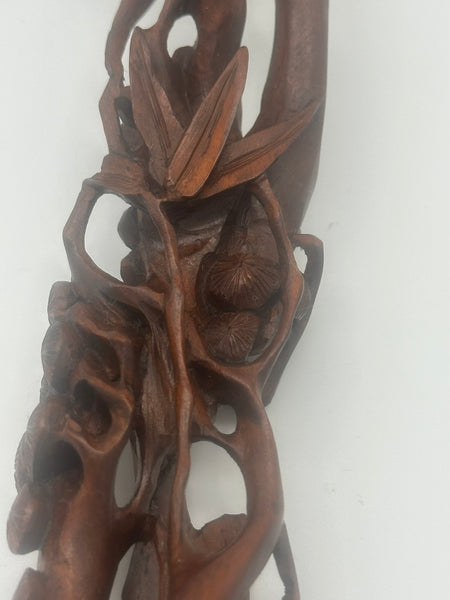 Chinese Ruyi Scepter. Carved Wood. Bamboo Leaves, Flowers, Pine Needles. Qing