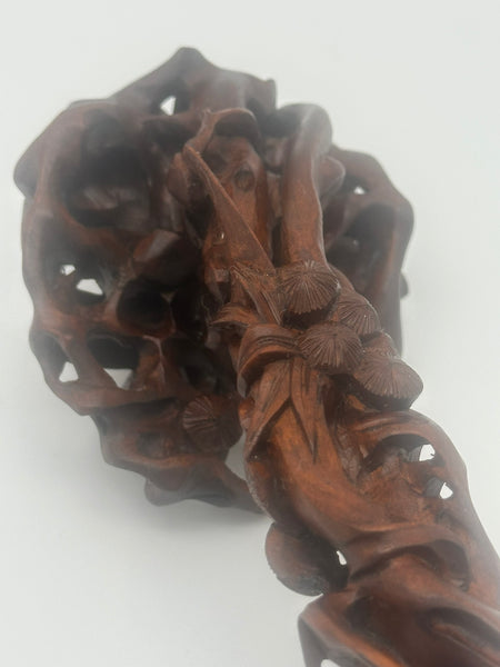 Chinese Ruyi Scepter. Carved Wood. Bamboo Leaves, Flowers, Pine Needles. Qing