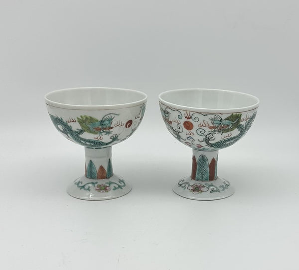 Pair Chinese Porcelain Stem Cups. Green Dragon. Qing. 3 3/4" H
