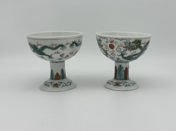 Pair Chinese Porcelain Stem Cups. Green Dragon. Qing. 3 3/4" H