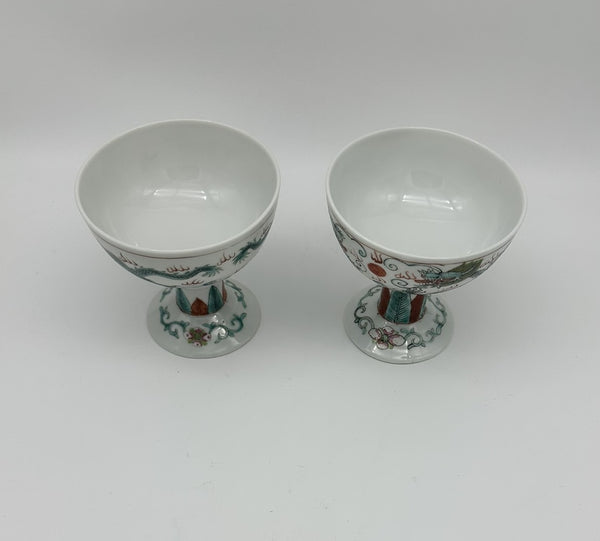 Pair Chinese Porcelain Stem Cups. Green Dragon. Qing. 3 3/4" H