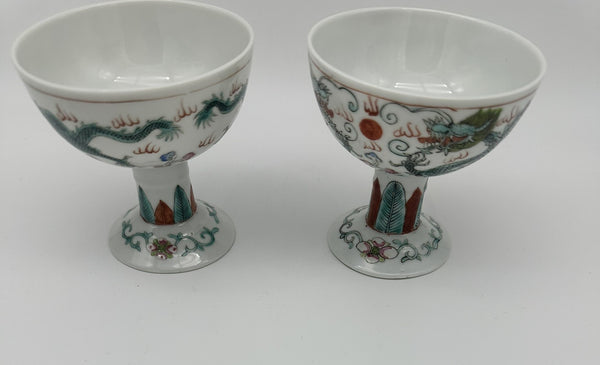 Pair Chinese Porcelain Stem Cups. Green Dragon. Qing. 3 3/4" H