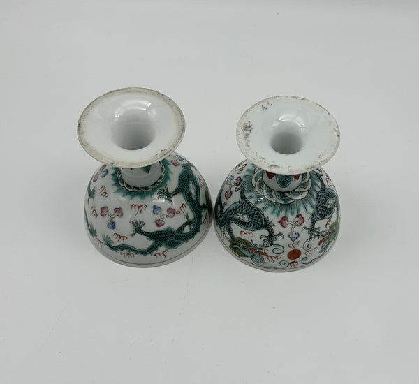 Pair Chinese Porcelain Stem Cups. Green Dragon. Qing. 3 3/4" H