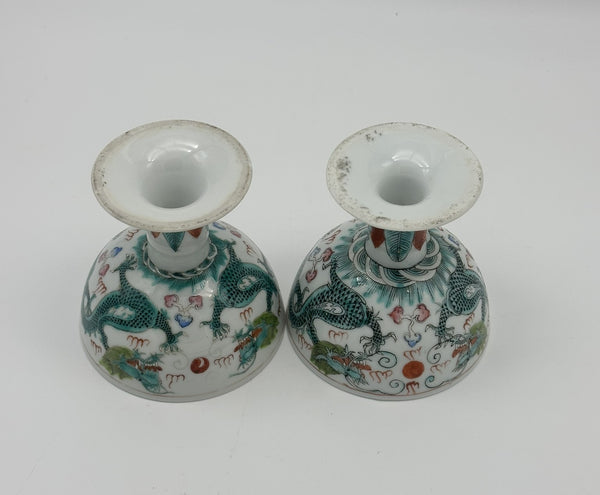 Pair Chinese Porcelain Stem Cups. Green Dragon. Qing. 3 3/4" H
