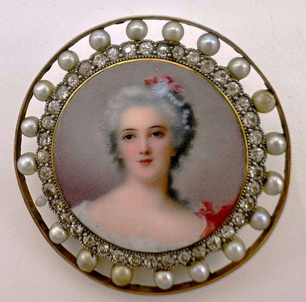 Antique Golay Fils & Stahl 18k, Enamel Portrait Brooch with Diamonds and Pearls