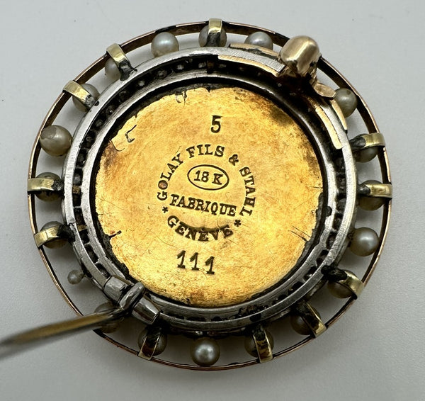 Antique Golay Fils & Stahl 18k, Enamel Portrait Brooch with Diamonds and Pearls