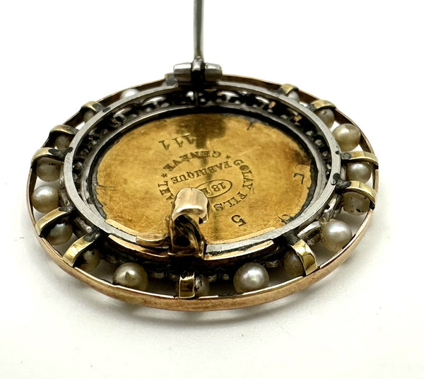 Antique Golay Fils & Stahl 18k, Enamel Portrait Brooch with Diamonds and Pearls