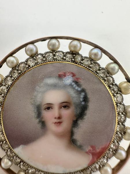 Antique Golay Fils & Stahl 18k, Enamel Portrait Brooch with Diamonds and Pearls