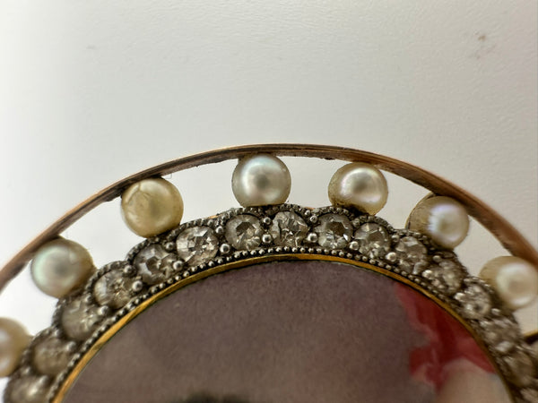 Antique Golay Fils & Stahl 18k, Enamel Portrait Brooch with Diamonds and Pearls