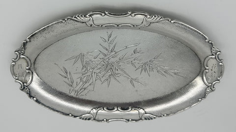 Chinese Export Silver Oval Footed Tray. Bamboo Motif. 10 1/8" x 6" x 3/4" H