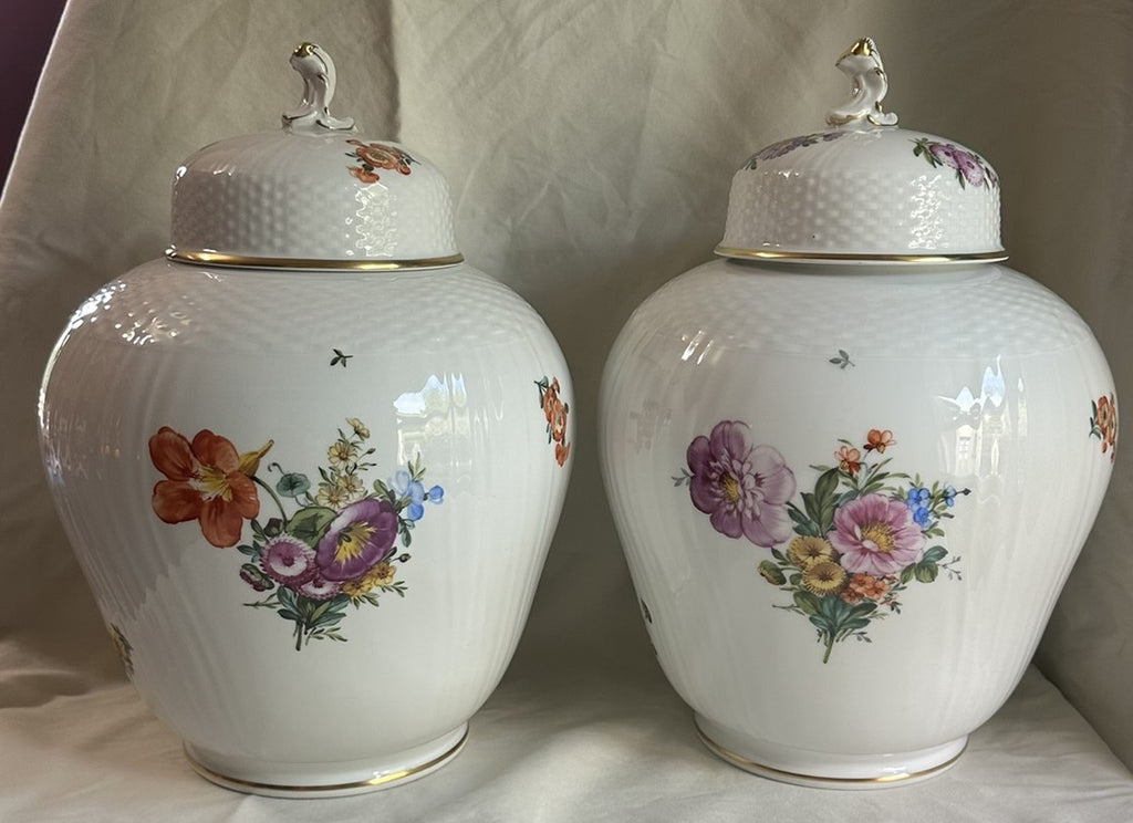 Pair Large Ginger Jars. Royal Copenhagen. Floral Motif. 12" H x 8" D