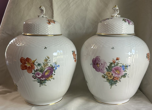 Pair Large Ginger Jars. Royal Copenhagen. Floral Motif. 12" H x 8" D