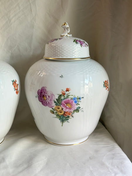 Pair Large Ginger Jars. Royal Copenhagen. Floral Motif. 12" H x 8" D