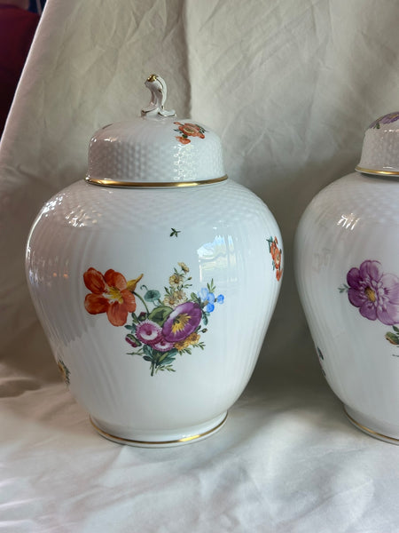 Pair Large Ginger Jars. Royal Copenhagen. Floral Motif. 12" H x 8" D