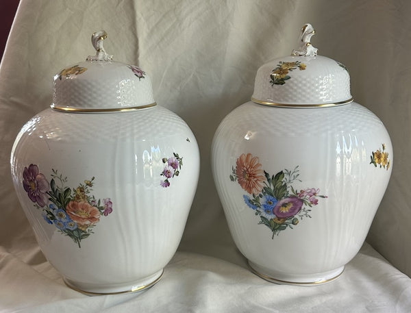 Pair Large Ginger Jars. Royal Copenhagen. Floral Motif. 12" H x 8" D