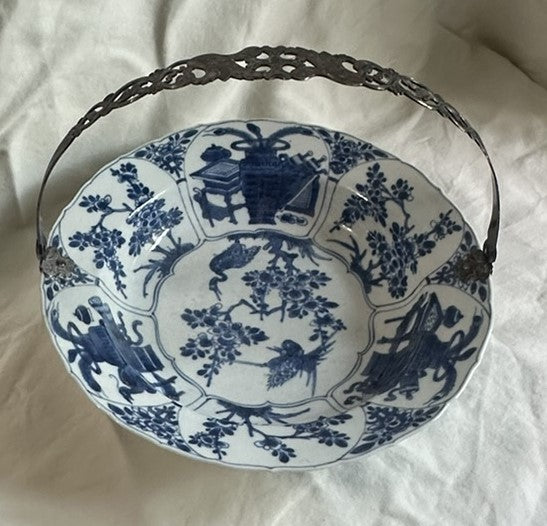 Basket Bowl with Handle. Chinese Blue and White Porcelain Silver Handle. 18th C