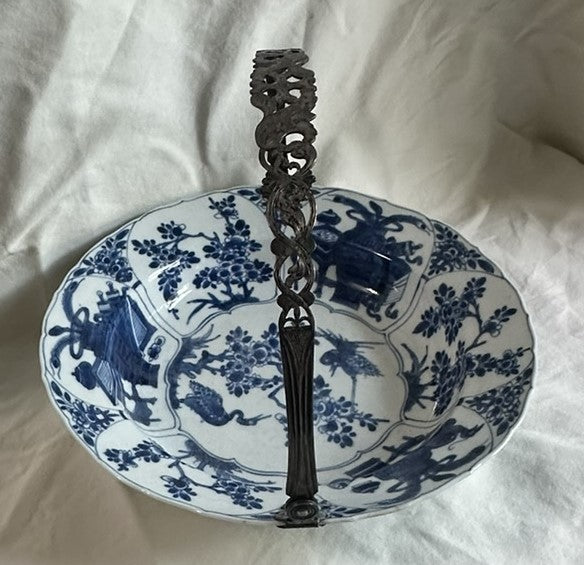 Basket Bowl with Handle. Chinese Blue and White Porcelain Silver Handle. 18th C