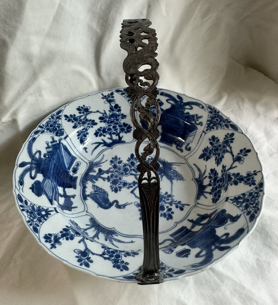 Basket Bowl with Handle. Chinese Blue and White Porcelain Silver Handle. 18th C