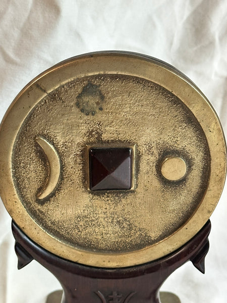 Pair Chinese Bookends. Brass Discs and Rosewood. Late Qing, Circa 1900. 7 3/4" H