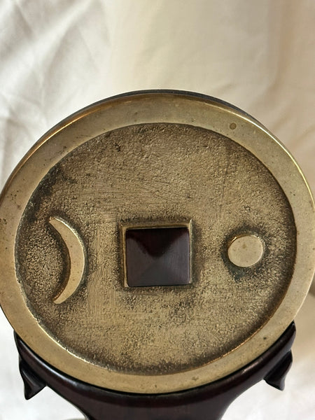 Pair Chinese Bookends. Brass Discs and Rosewood. Late Qing, Circa 1900. 7 3/4" H