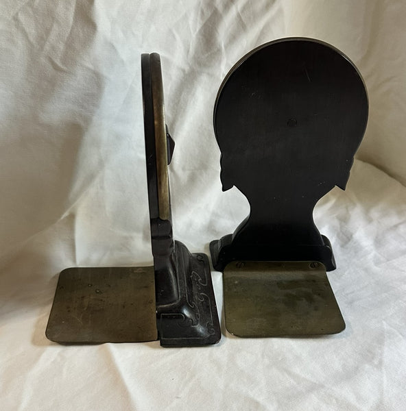 Pair Chinese Bookends. Brass Discs and Rosewood. Late Qing, Circa 1900. 7 3/4" H