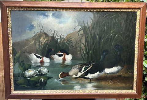 Oil Painting on Canvas. Ducks in Pond with Water Lily Flowers. 19.5" H x 29.5" W