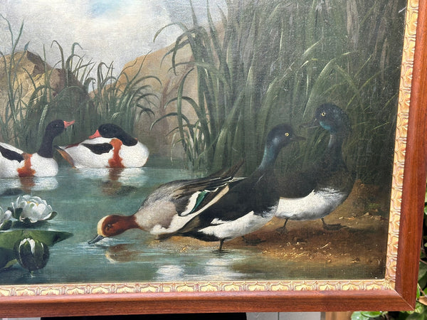 Oil Painting on Canvas. Ducks in Pond with Water Lily Flowers. 19.5" H x 29.5" W