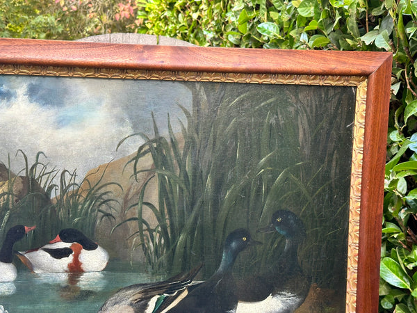 Oil Painting on Canvas. Ducks in Pond with Water Lily Flowers. 19.5" H x 29.5" W