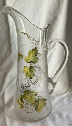 Large Beer Pitcher. Victorian Glass. Hops and Leaves "Drink Hearty" Circa 1890