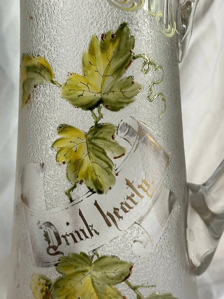 Large Beer Pitcher. Victorian Glass. Hops and Leaves "Drink Hearty" Circa 1890